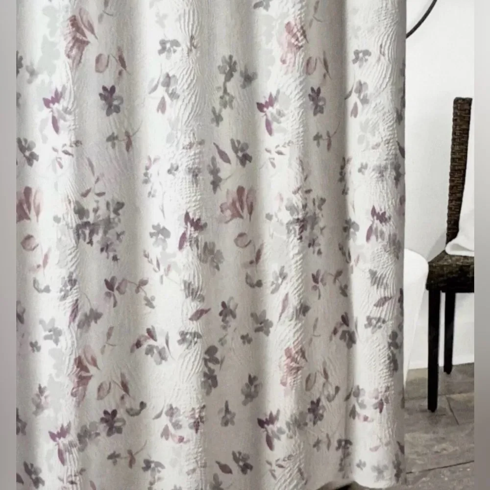 DKNY “Jasper” White Textured Fabric Shower Curtain w/Multicolor Floral Designs